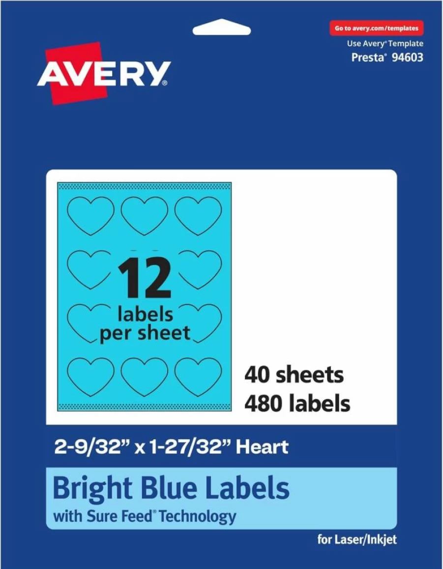 AVERY Bright Blue Printable Heart Labels - 2-9/32" X 1-27/32", Sure Feed Technology, 120 Pack for Laser/Inkjet Printing, Ideal for Mailing Seals & Packaging