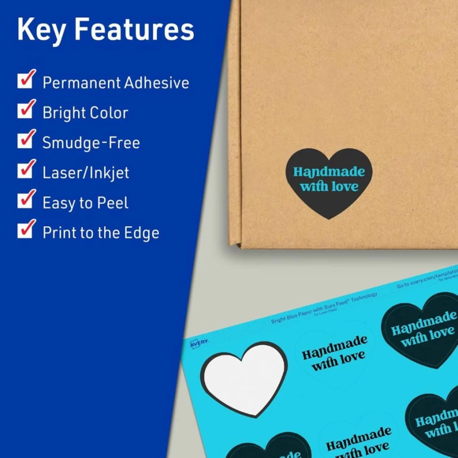 AVERY Bright Blue Printable Heart Labels - 2-9/32" X 1-27/32", Sure Feed Technology, 120 Pack for Laser/Inkjet Printing, Ideal for Mailing Seals & Packaging
