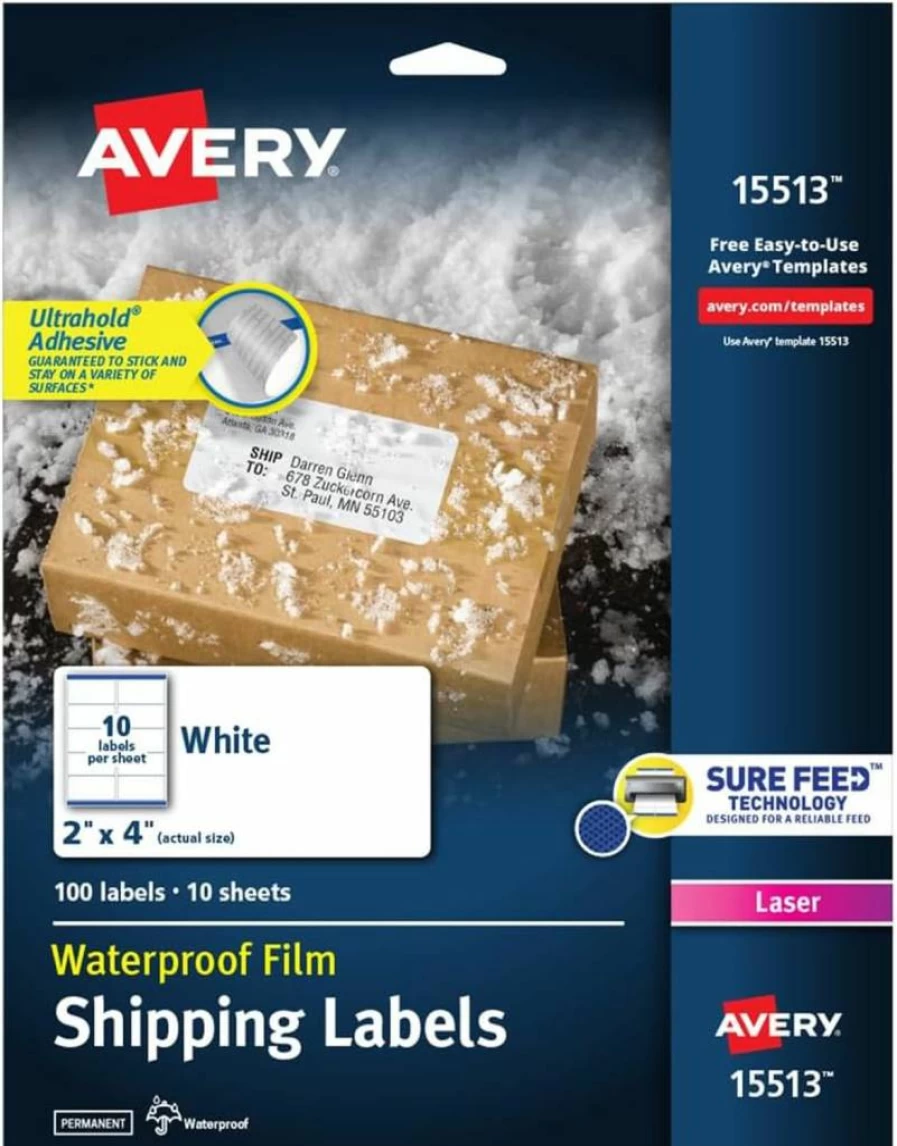 Avery 15513 Waterproof Printable Shipping Labels 2" x 4" White 100 Sheets Sure Feed for Laser/Inkjet Printers Mailing Address Stickers