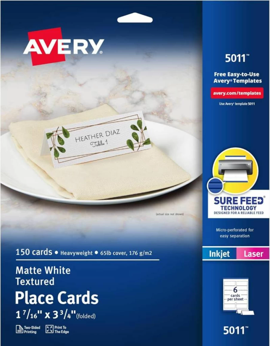 Avery 5011 Matte White Printable Place Cards, 1-7/16" x 3-3/4", 150 Blank Tent Cards with Sure Feed Technology for Laser & Inkjet Printers