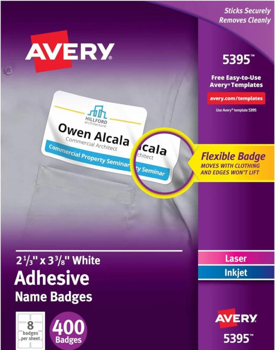 AVERY 8395 Removable Name Tags, 2.33" x 3.375" Matte White Printable Labels, 160-Pack Flexible Name Badges for Office, Events & School