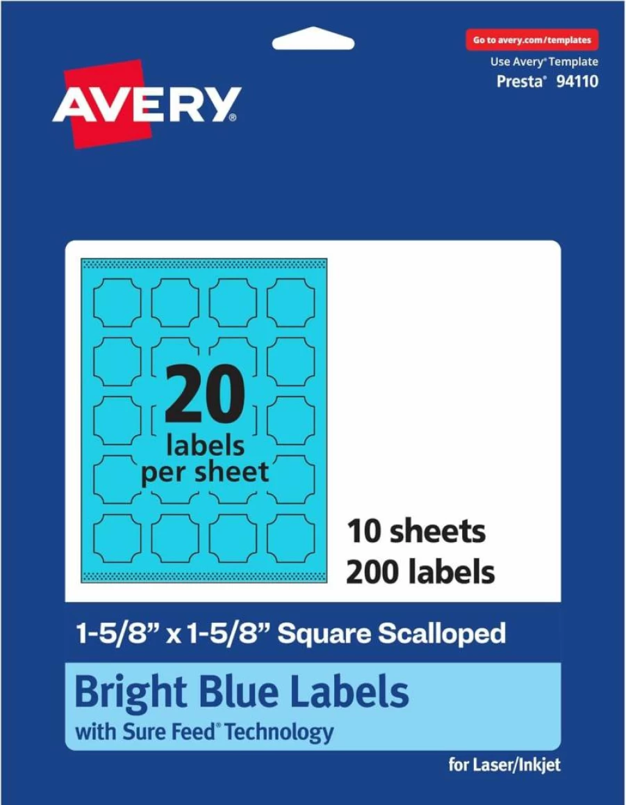 AVERY Bright Blue 1-5/8" Square Scalloped Labels - 200 Pack, Sure Feed for Laser/Inkjet, Print-to-Edge for Cosmetics & Jars, Printable Adhesive Stickers