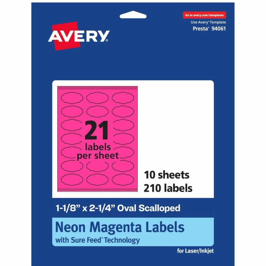 Avery Neon Magenta Printable Oval Scalloped Labels 1-1/8" x 2-1/4" - Sure Feed Technology, Print-To-The-Edge for Laser/Inkjet, 840-Pack for Candles, Jars & Crafts