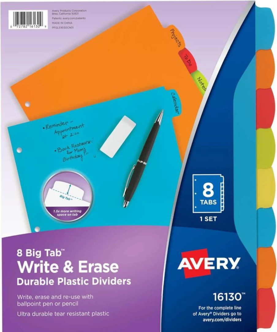 Avery 16130 Big Tab 8-Tab Durable Plastic Dividers for 3-Ring Binders, Write & Erase, Bright Multicolor Set