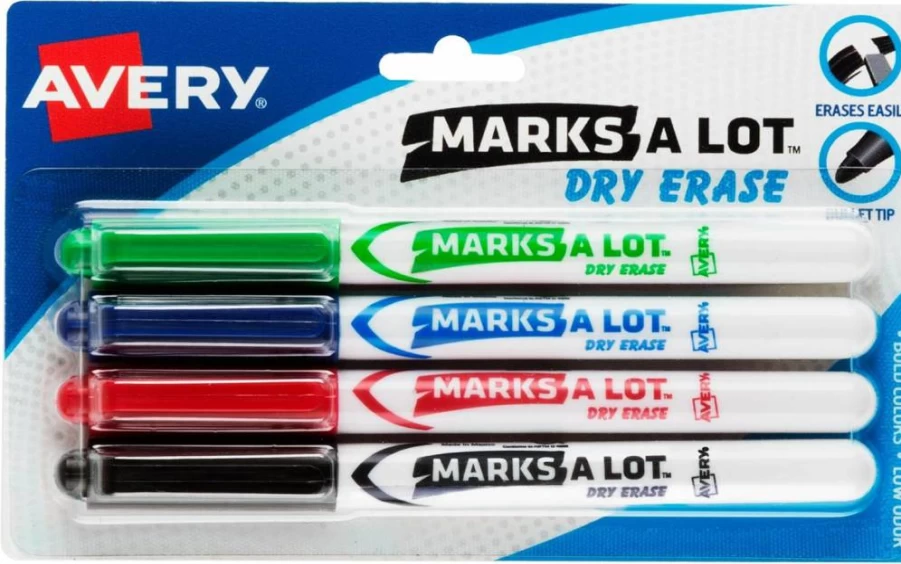 AVERY Dry Erase Markers 4-Pack, Low Odor Bullet Tip Whiteboard Markers, Assorted Colors (24459) for Classroom & Office Use