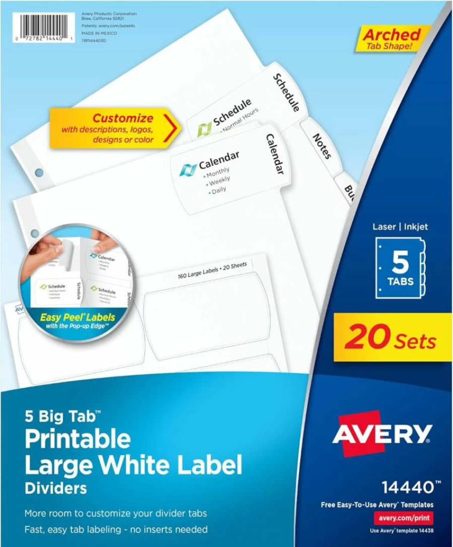AVERY Big Tab Printable Dividers - 5 Tabs, 4 Sets, White, Easy Peel Labels (14438) for Office Organization