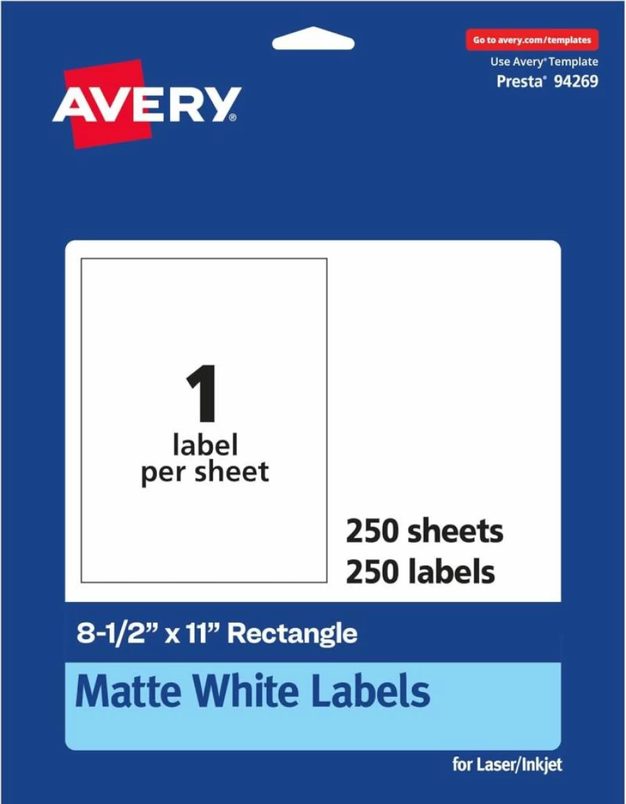 Avery Matte White Printable Labels, 8.5" x 11" Sheet, 25 Permanent Adhesive Labels, Laser/Inkjet Compatible, Durable Rectangle Stickers for Office & Shipping