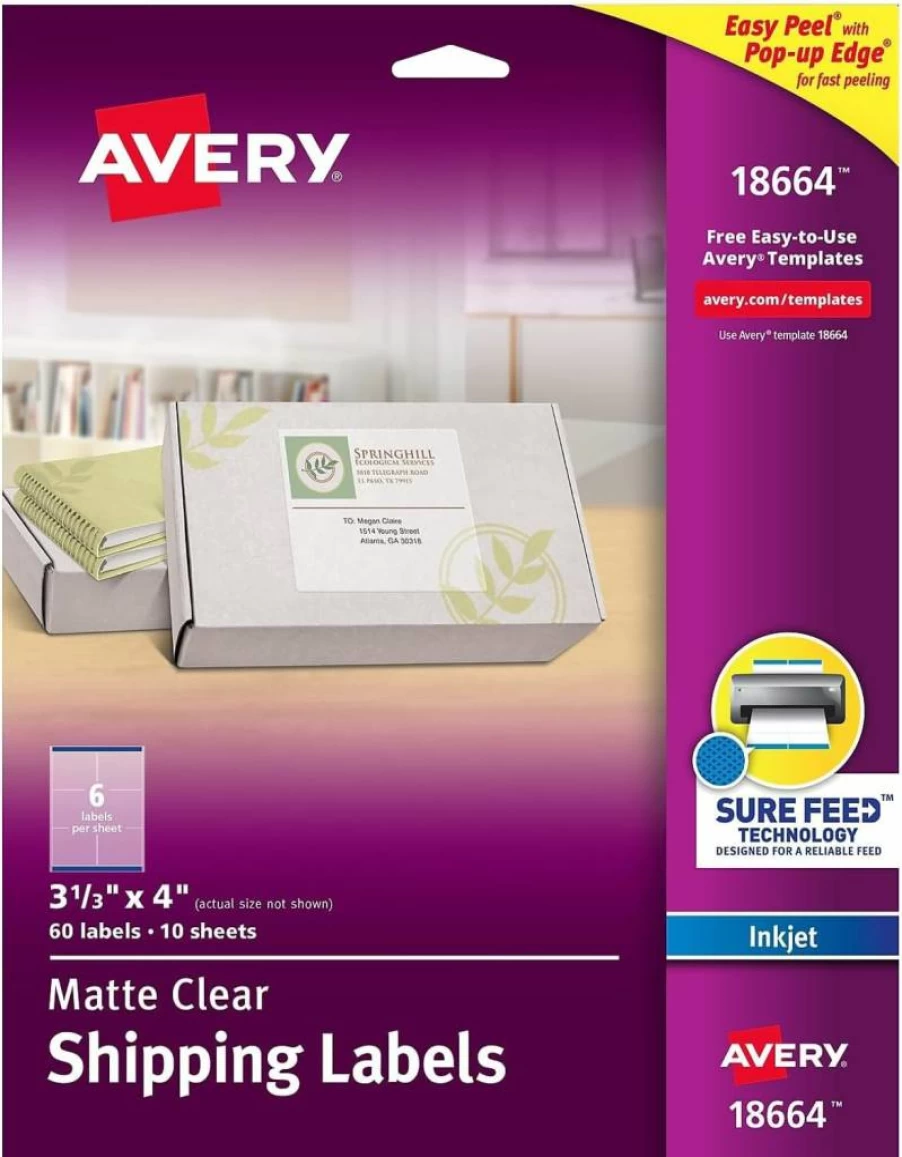 Avery 18664 Printable Shipping Labels, 3-1/3" x 4" Matte Clear Mailing Labels, 60 Blank Sure Feed Labels for Laser/Inkjet Printers