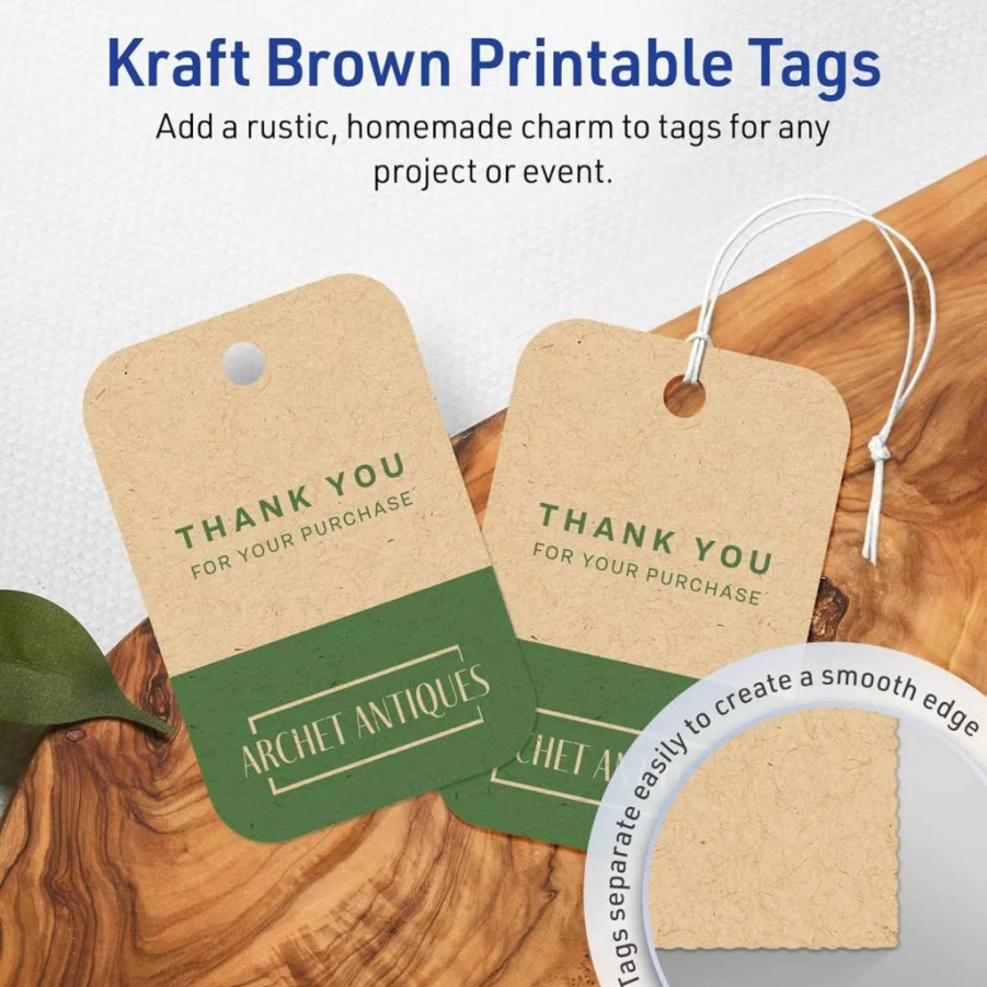 AVERY Printable Kraft Brown Tags, 2" x 3" Rounded Corner, Sure Feed Technology, Laser/Inkjet Compatible, 80-Pack for Custom Gift & Branding