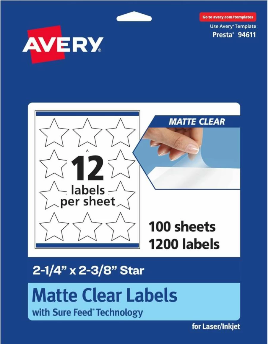 Avery Matte Clear Star Labels - 2-1/4" x 2-3/8" Sure Feed, 300-Pack, Print-to-Edge for Laser/Inkjet Printers