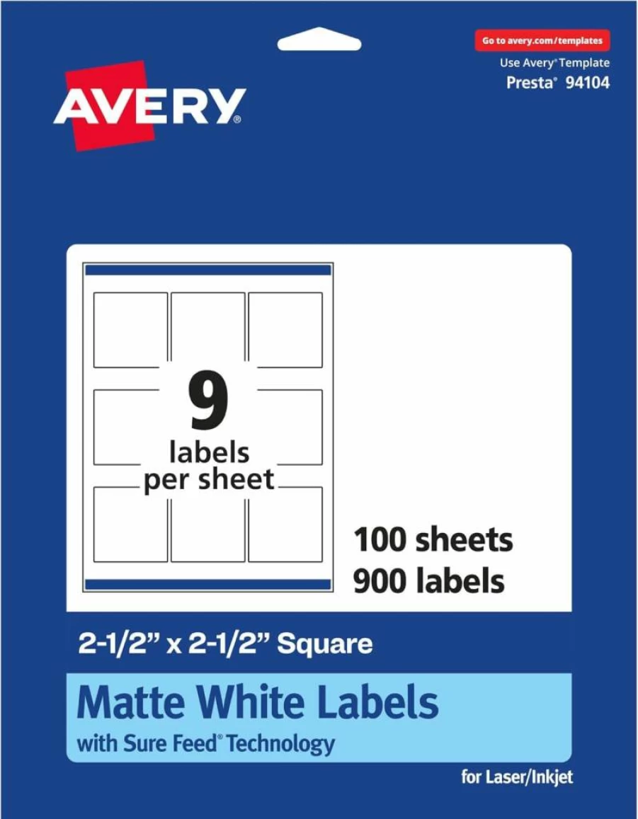 Avery Matte White 2.5" x 2.5" Square Labels with Sure Feed Technology, 225-Pack Printable Adhesive Stickers for Inkjet & Laser Printers