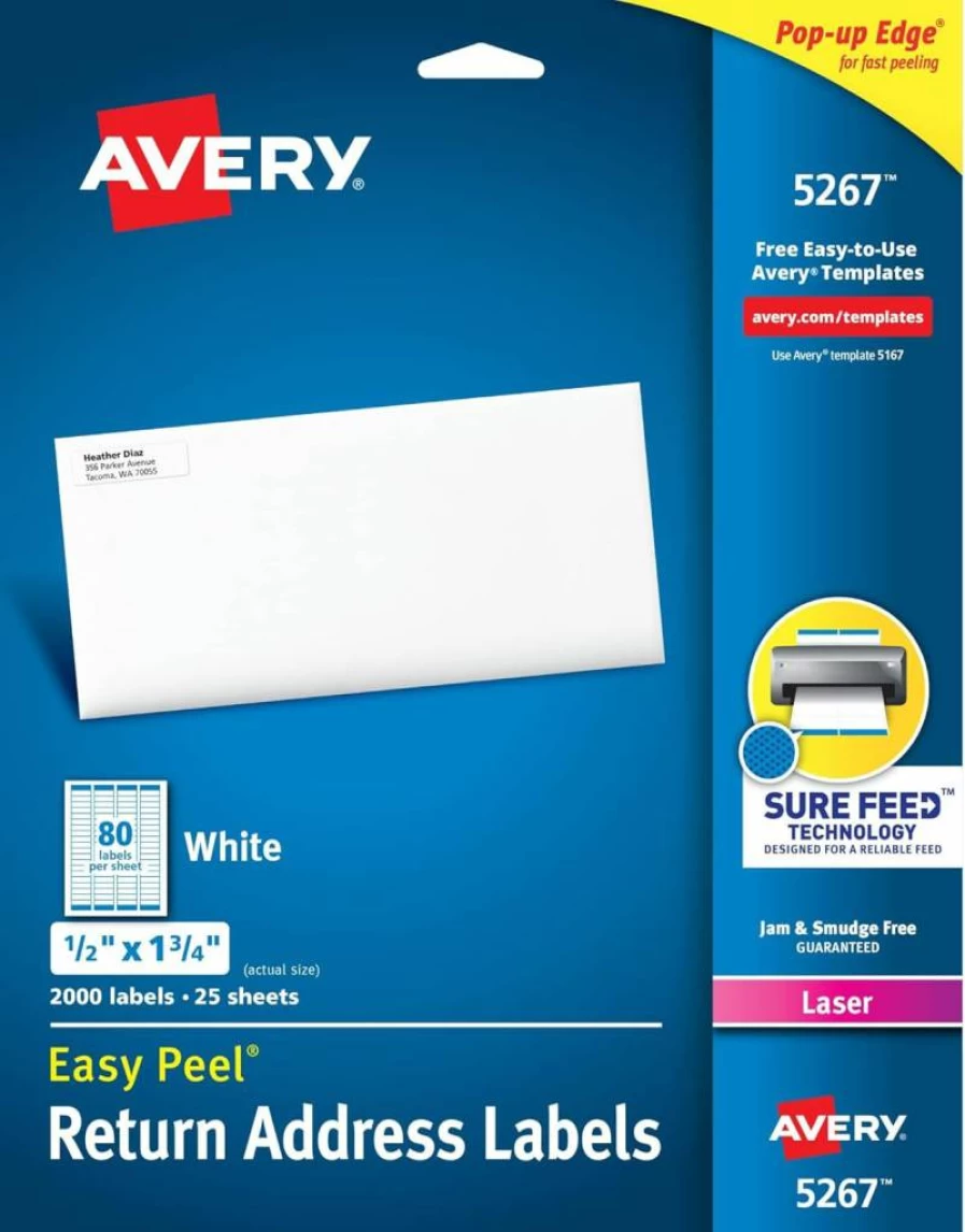 AVERY 05267 Printable Return Address Labels, 0.5" x 1.75" White Mailing Labels, 2,000 Blank Sure Feed Labels for Laser/Inkjet Printers