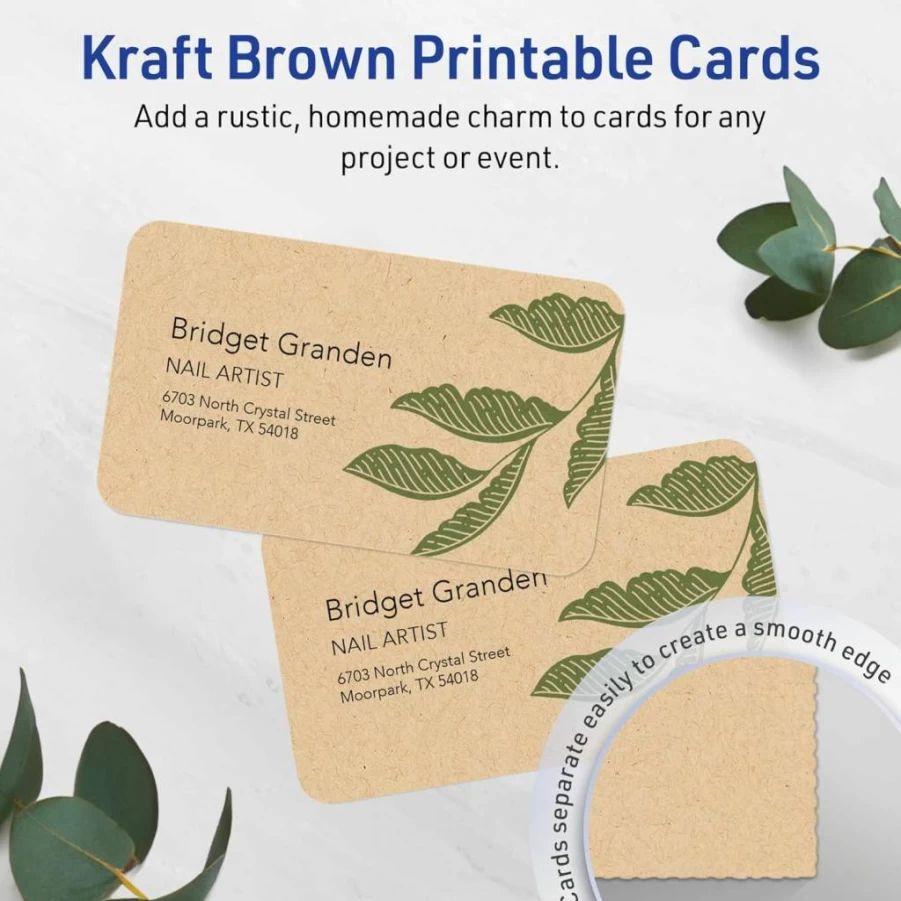 AVERY Printable Kraft Brown Business Cards, 2" x 3.5", Rounded Corners, Sure Feed Technology, 80-Pack for Laser/Inkjet Printers, Print-To-The-Edge Design