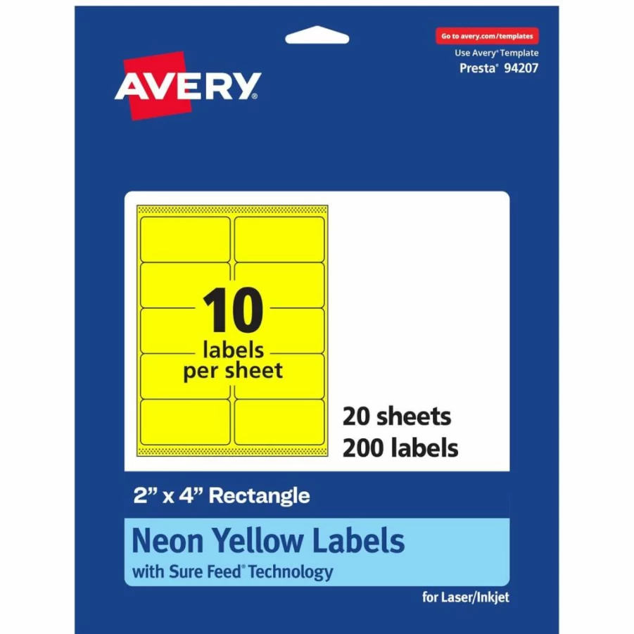 Avery 2" x 4" Neon Yellow Printable Labels - 100 Sheets, Sure Feed for Laser/Inkjet, Mailing & Candle Labeling