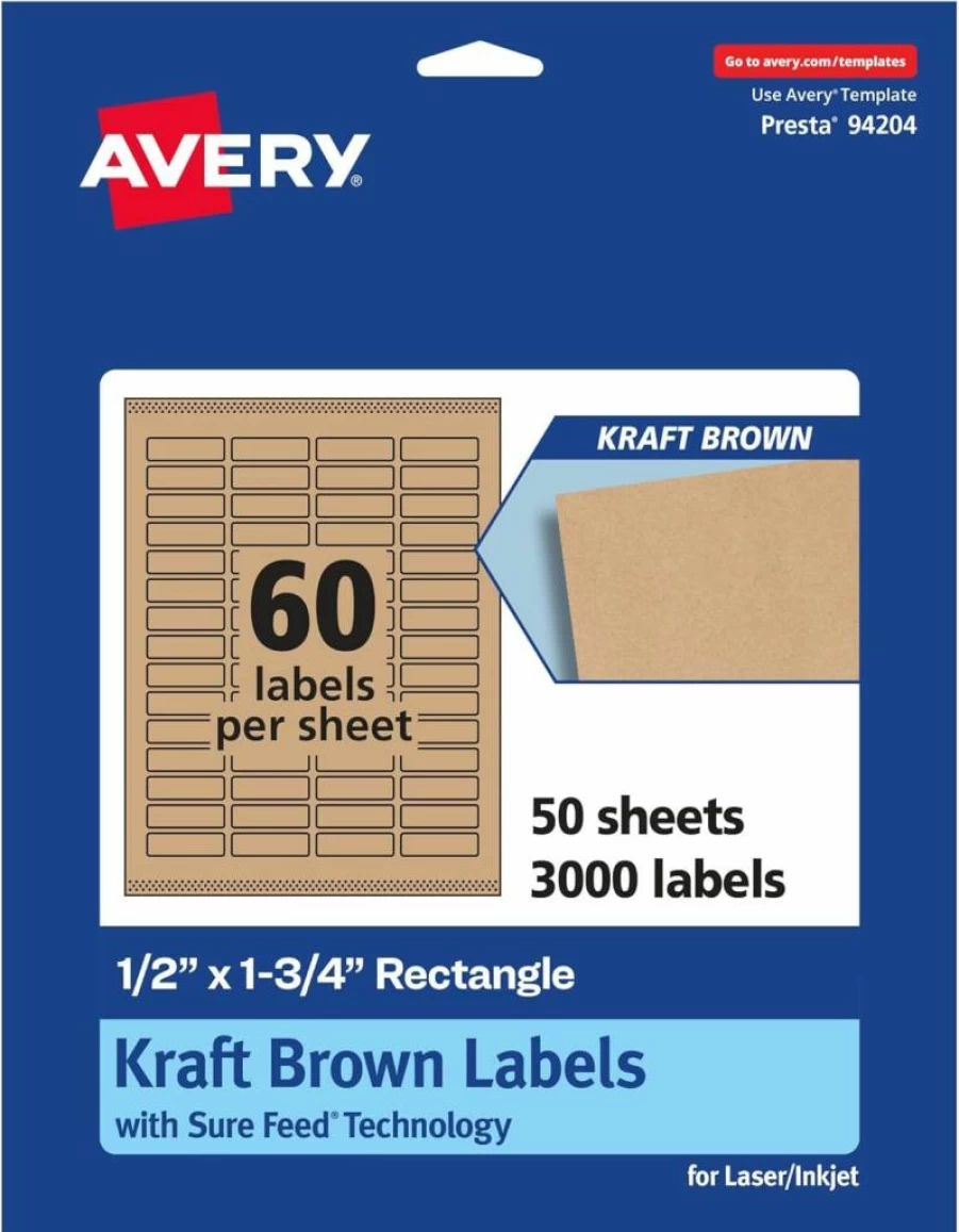 Avery Kraft Brown Rectangle Labels 0.5" x 1.75" - 1,500 Pack, Sure Feed Technology, Print-To-The-Edge for Laser/Inkjet Printers