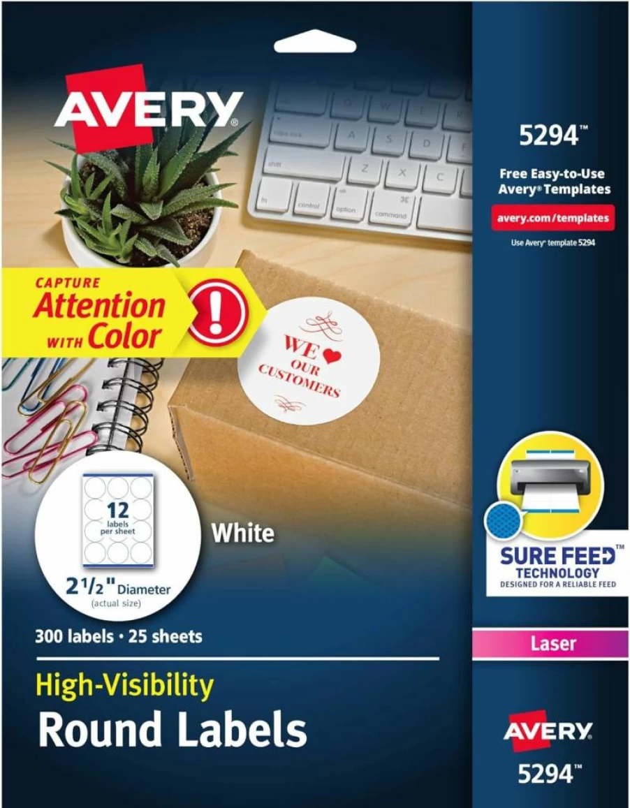 Avery 5294 High Visibility Round Labels, 2.5" White Printable Blank Labels, Sure Feed Technology, 300 Customizable Labels