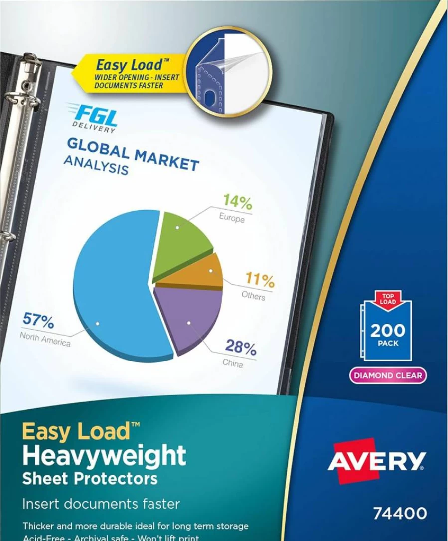 AVERY 74400 Heavyweight Clear Sheet Protectors, 8.5" x 11", Acid-Free Archival Safe, 200 Count, Diamond Easy Load for Documents