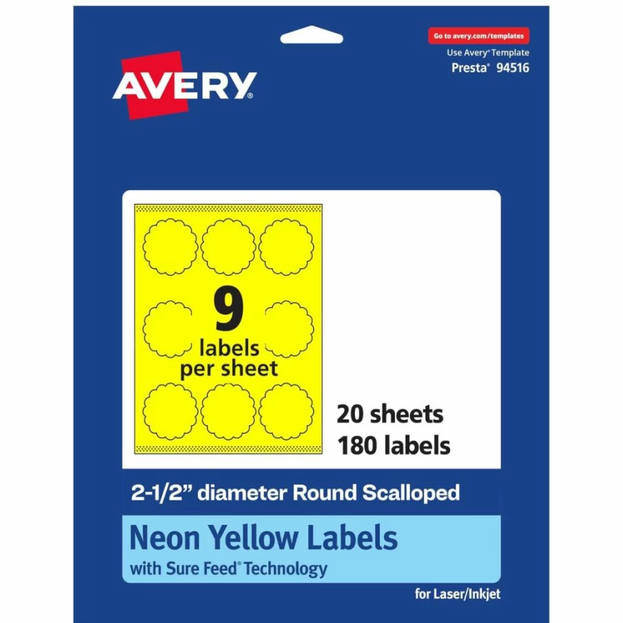 Avery Neon Yellow Printable Round Scalloped Labels, 2-1/2" Diameter, 90-Pack, Sure Feed Technology, Laser/Inkjet Compatible, Print-To-The-Edge Design for Mailing Seals & Candles
