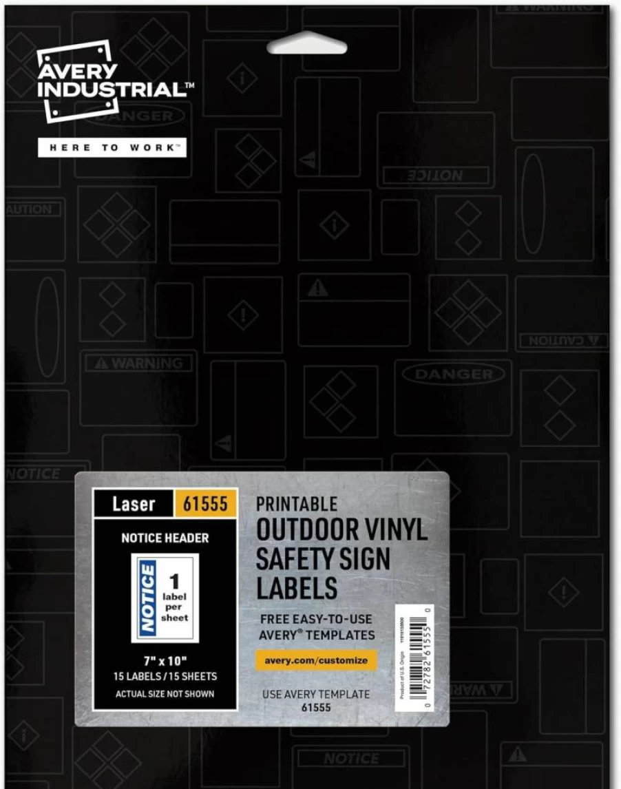 AVERY 61513 Printable Waterproof Warning Labels, 8x8 Inch Chemical Resistant Removable Signs, Pack of 15
