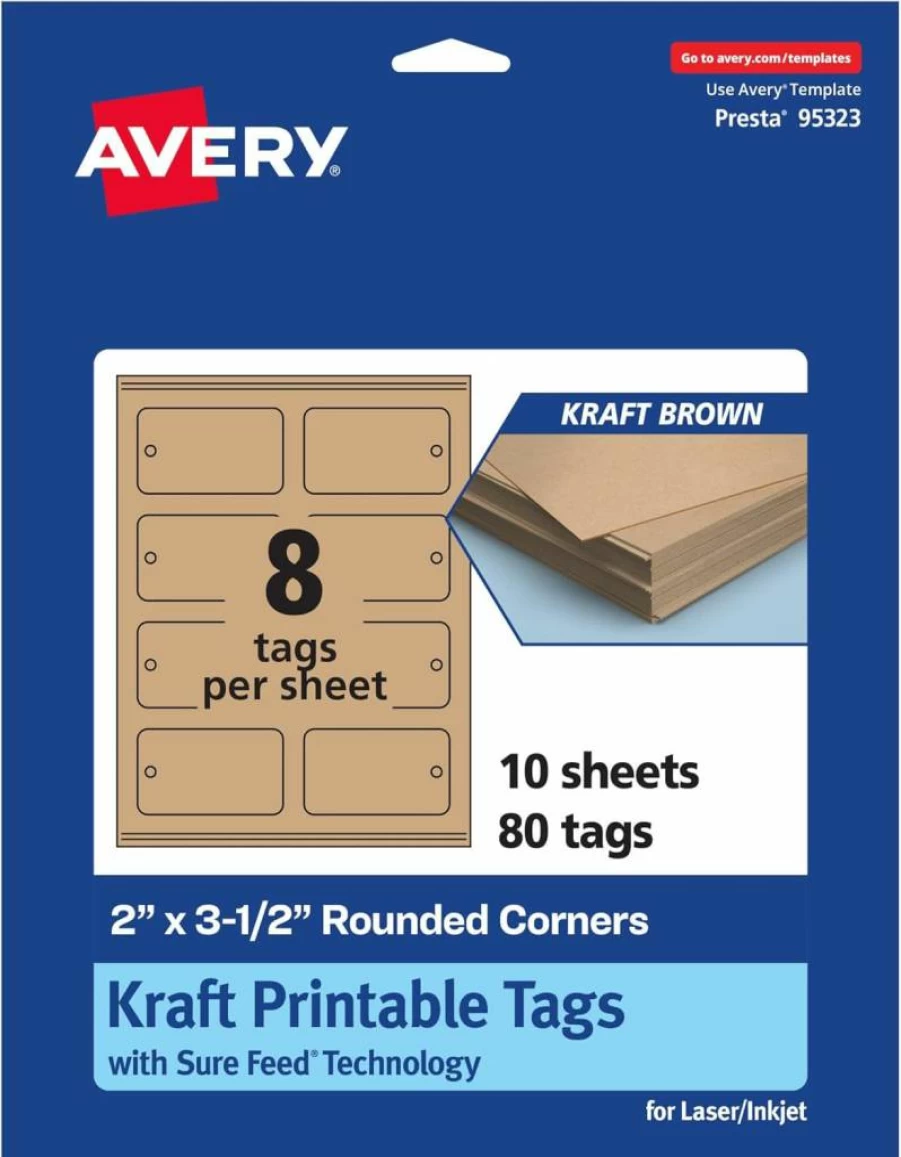 AVERY Printable Kraft Brown Tags, 2" x 3.5" Rounded Corner, Sure Feed Technology, 80-Pack for Laser/Inkjet Printing, Custom Gift & Branding Labels