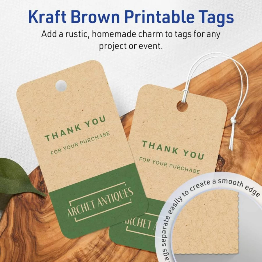 AVERY Printable Kraft Brown Tags, 2" x 3.5" Rounded Corner, Sure Feed Technology, 80-Pack for Laser/Inkjet Printing, Custom Gift & Branding Labels