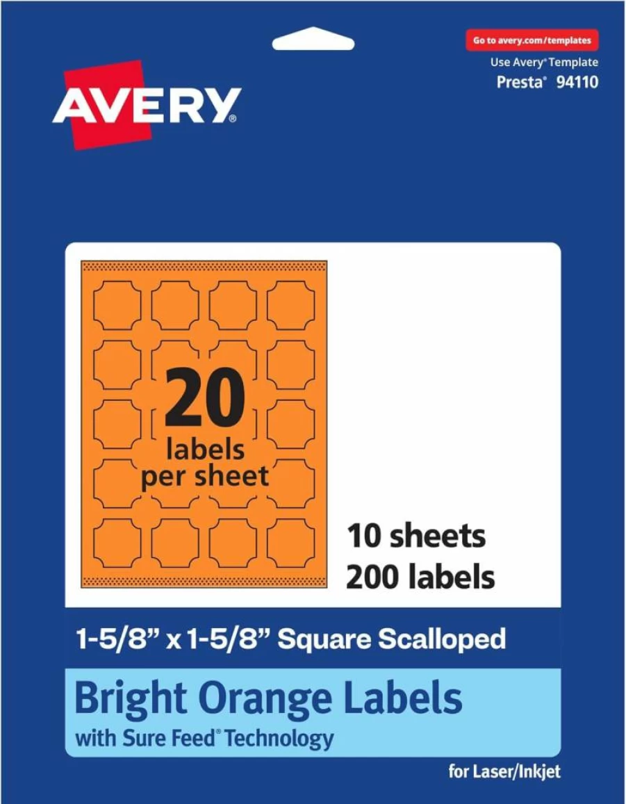 Avery Bright Orange Printable Scalloped Labels 1-5/8" x 1-5/8" - 200 Pack, Sure Feed Technology, Laser/Inkjet Compatible, Print-To-The-Edge for Cosmetics & Jars