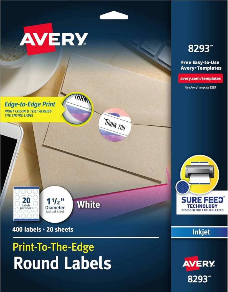 Avery 8293 White Matte Round Labels, 1.5 Inch Diameter, 400 Permanent Adhesive Labels with Sure Feed Technology