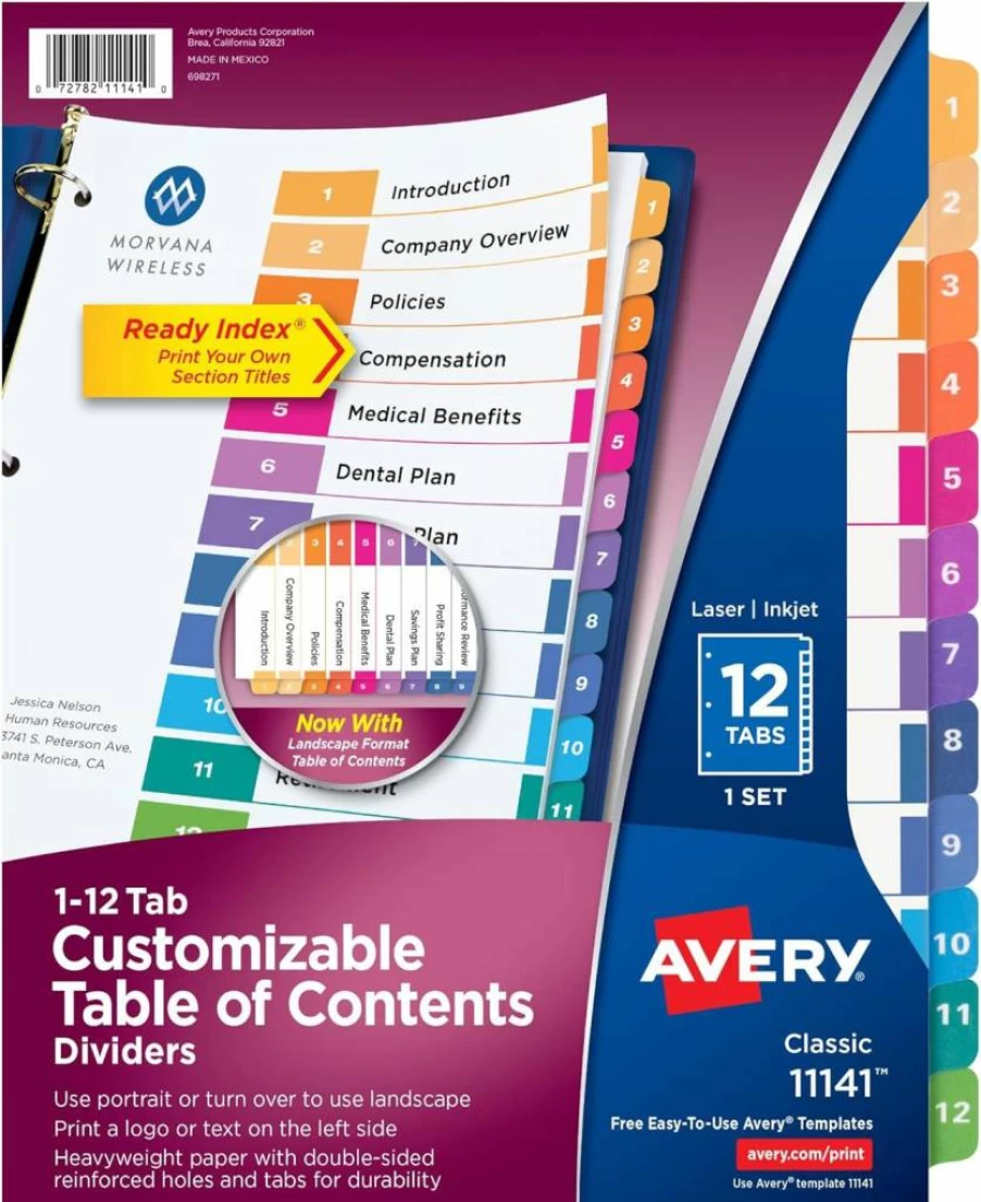 AVERY 11187 Customizable 5-Tab Dividers for 3-Ring Binders, Multicolor Index Tabs, 6 Sets, Includes Table of Contents