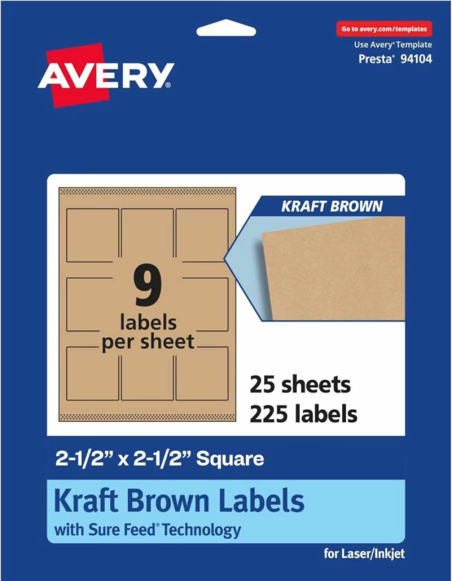 AVERY Sure Feed Kraft Brown Square Labels 2.5" x 2.5" - 135 Laser/Inkjet Printable Adhesive Stickers for Shipping, Packaging & Organizing