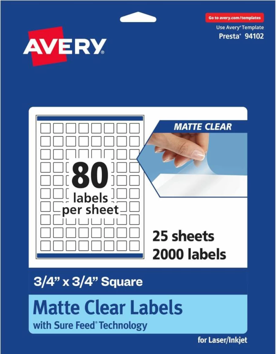 Avery Matte Clear Square Labels 3/4" x 3/4" - 800 Pack, Sure Feed Technology, Print-To-The-Edge, Laser/Inkjet Printable, Waterproof Matte Finish