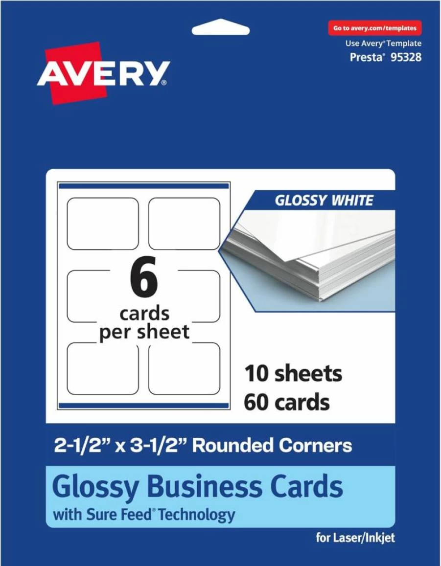 Avery Glossy White Printable Business Cards, 2.5" x 3.5", Rounded Corners, Sure Feed Technology, Print-to-Edge, Laser/Inkjet Compatible, 60-Pack