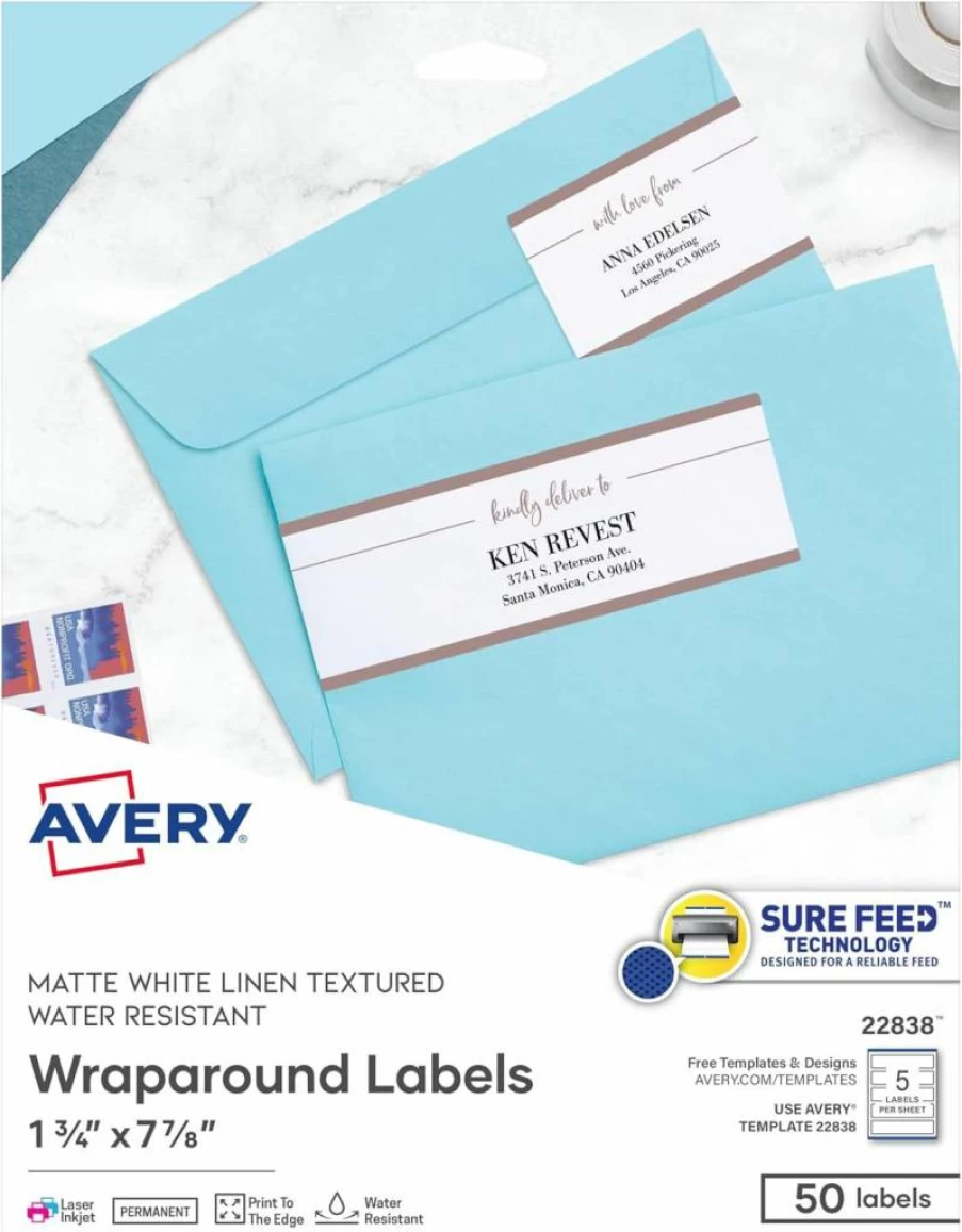 Avery 22838 Printable Textured White Rectangle Labels, 7.85" x 1.75", 50 Customizable Wraparound Labels for Printing