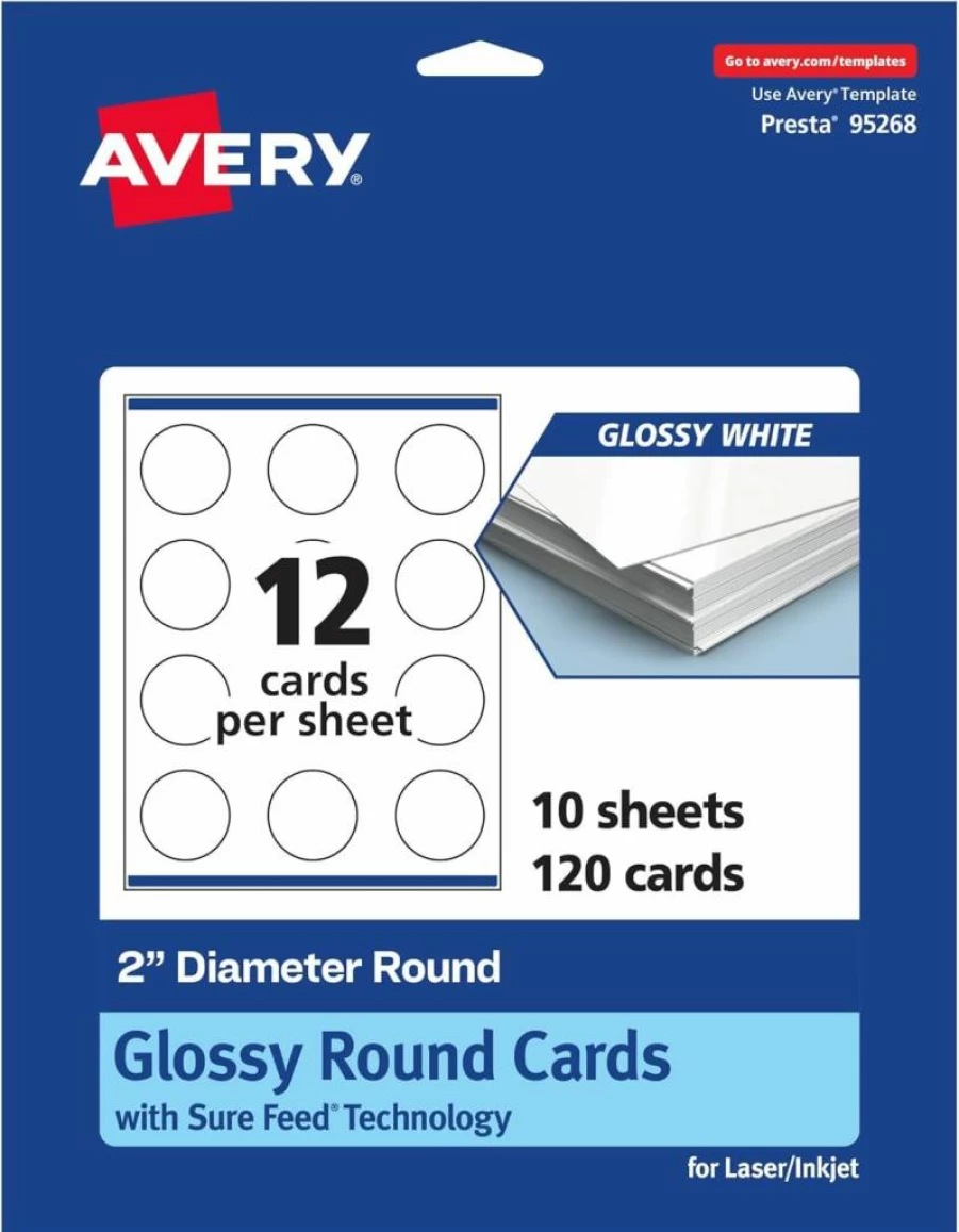 Avery Matte White Printable Round Cards 2" Diameter, Sure Feed Technology, Print-To-The-Edge, 300 Pack for Laser/Inkjet Printers