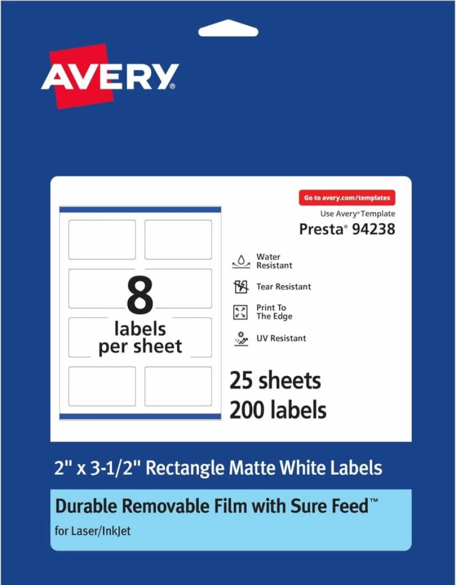 Avery Removable Labels 2" x 3.5" - Matte White, Water-Resistant, Laser/Inkjet Printable, 200 Pack, Sure Feed Technology, Print-To-The-Edge