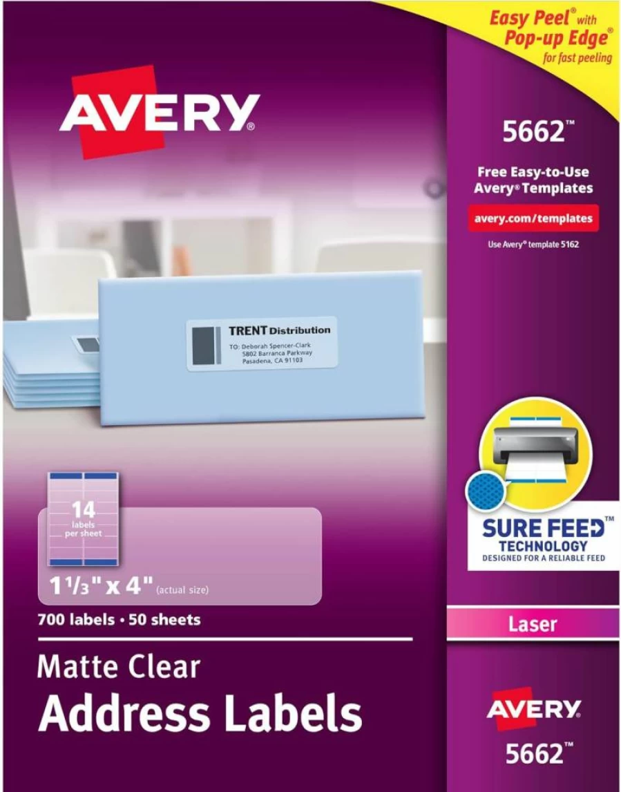 AVERY 5662 Matte Clear Address Labels, 1-1/3" x 4", 700 Labels per Pack, 5-Pack, Sure Feed Technology, Laser Printer Compatible