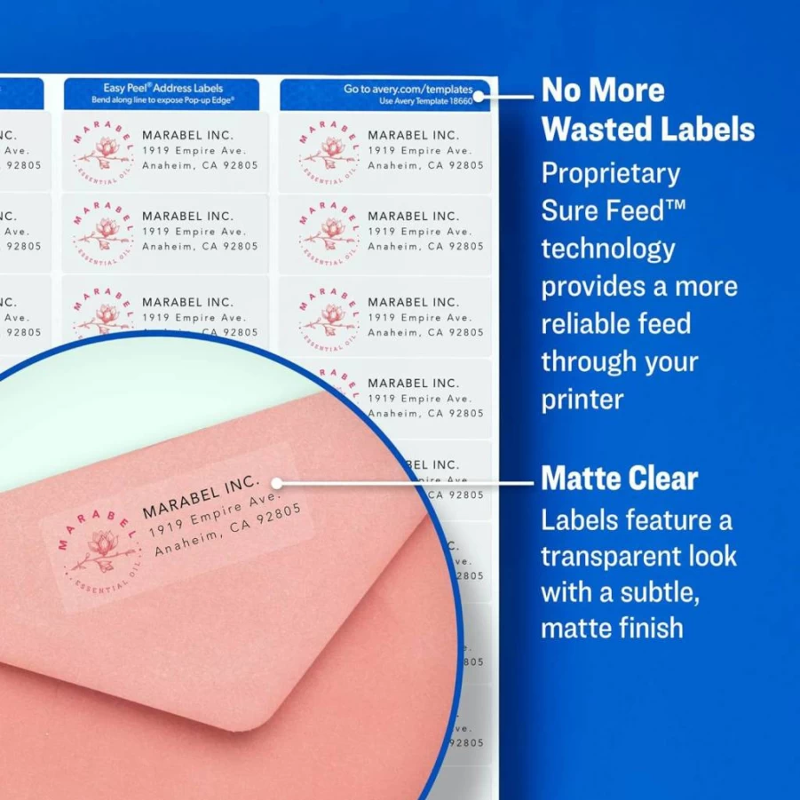 AVERY 5662 Matte Clear Address Labels, 1-1/3" x 4", 700 Labels per Pack, 5-Pack, Sure Feed Technology, Laser Printer Compatible