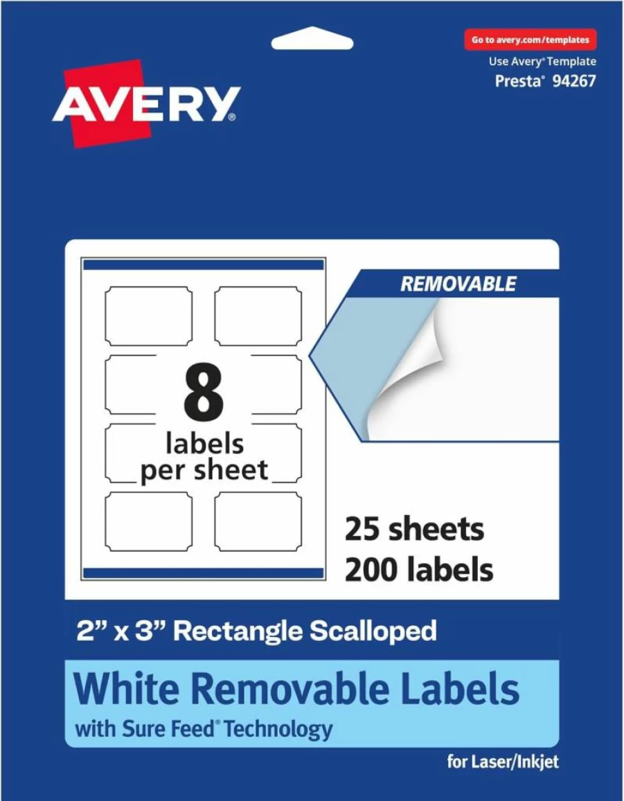 AVERY Matte White Removable Scalloped Labels 2" x 3" - 800 Pack, Sure Feed Technology, Print-To-The-Edge Design, Laser/Inkjet Printable, Peel & Stick Labels for Organizing