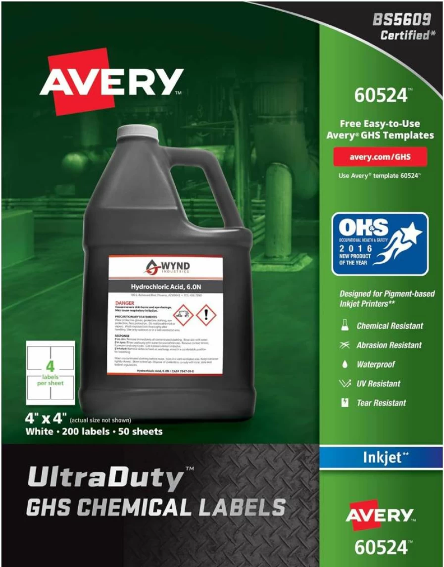 AVERY Ultraduty GHS Chemical Labels 4x4 Inch, Waterproof & UV Resistant, for Pigment Inkjet Printers, 200 Labels per Pack (60524)
