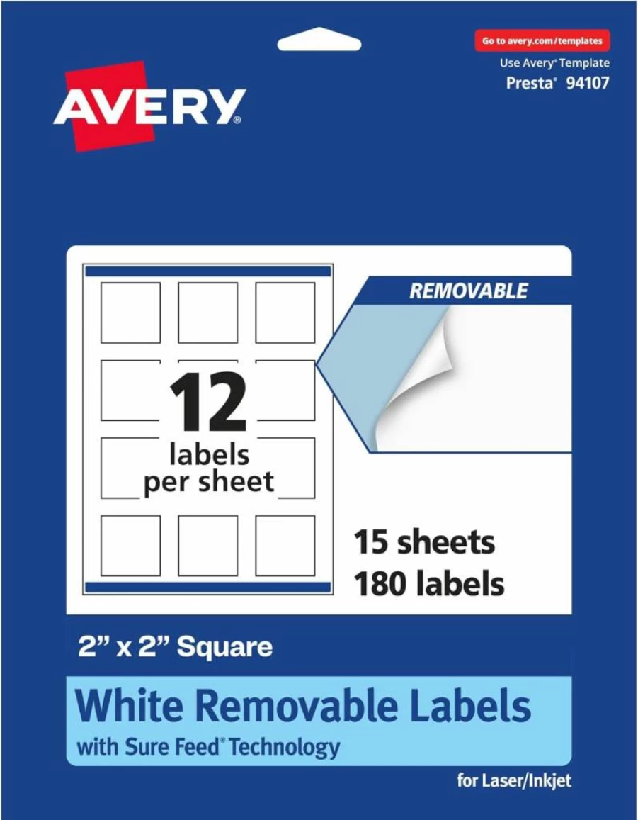 Avery Matte White Removable Labels 2" x 2" Square, 300 Pack, Sure Feed for Laser/Inkjet Printers, Print to Edge Design