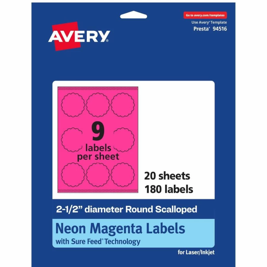 Avery Printable Round Scalloped Labels, 2-1/2" Neon Magenta, Sure Feed Technology, 180-Pack, Laser/Inkjet Compatible, Print-To-The-Edge for Mailing Seals & Candles