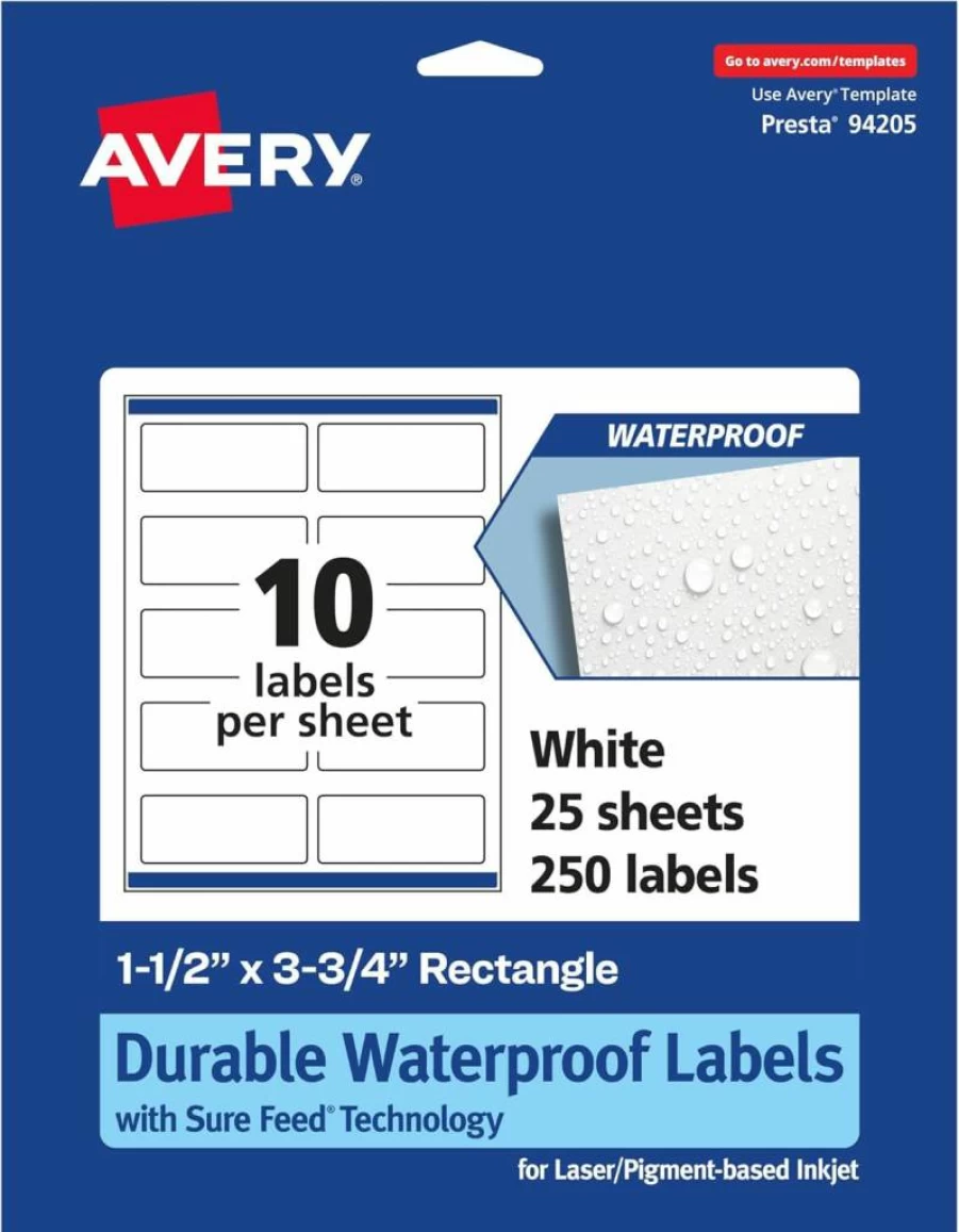Avery Sure Feed Waterproof Labels 1.5" x 3.75" - 100 Pack, Durable Tear & Oil Resistant, Laser/Inkjet Printable, Print-to-Edge Rectangle Stickers