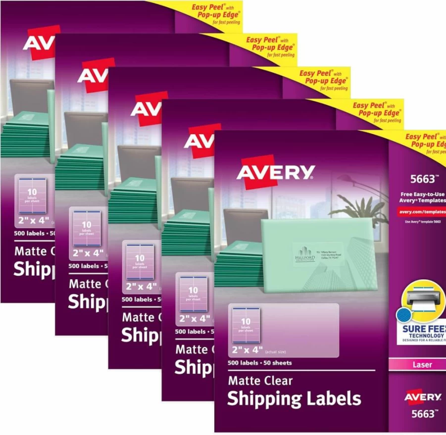 AVERY 5663 Matte Clear Printable Shipping Labels, 2" x 4", 500 Blank Mailing Labels with Sure Feed Technology