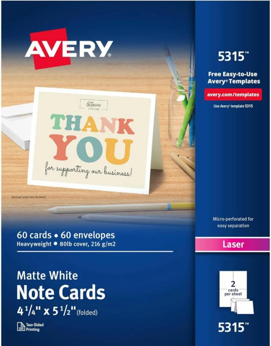 AVERY 05315 Printable Blank Note Cards with Envelopes, 4.25" x 5.5" White Cardstock, 60 Count for Laser Printers