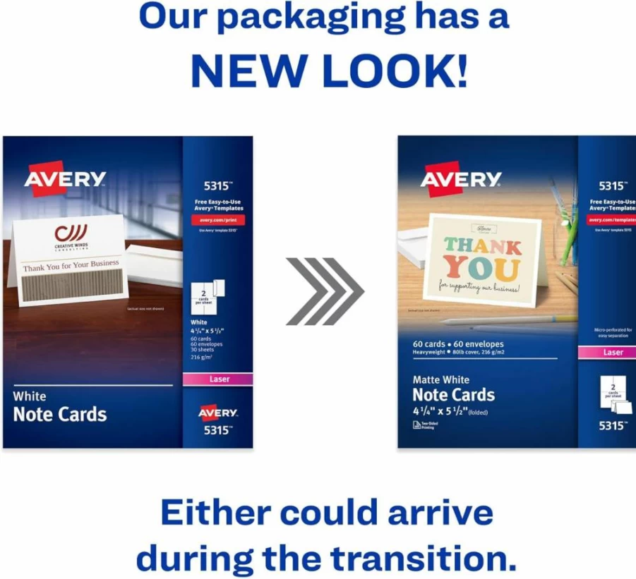 AVERY 05315 Printable Blank Note Cards with Envelopes, 4.25" x 5.5" White Cardstock, 60 Count for Laser Printers