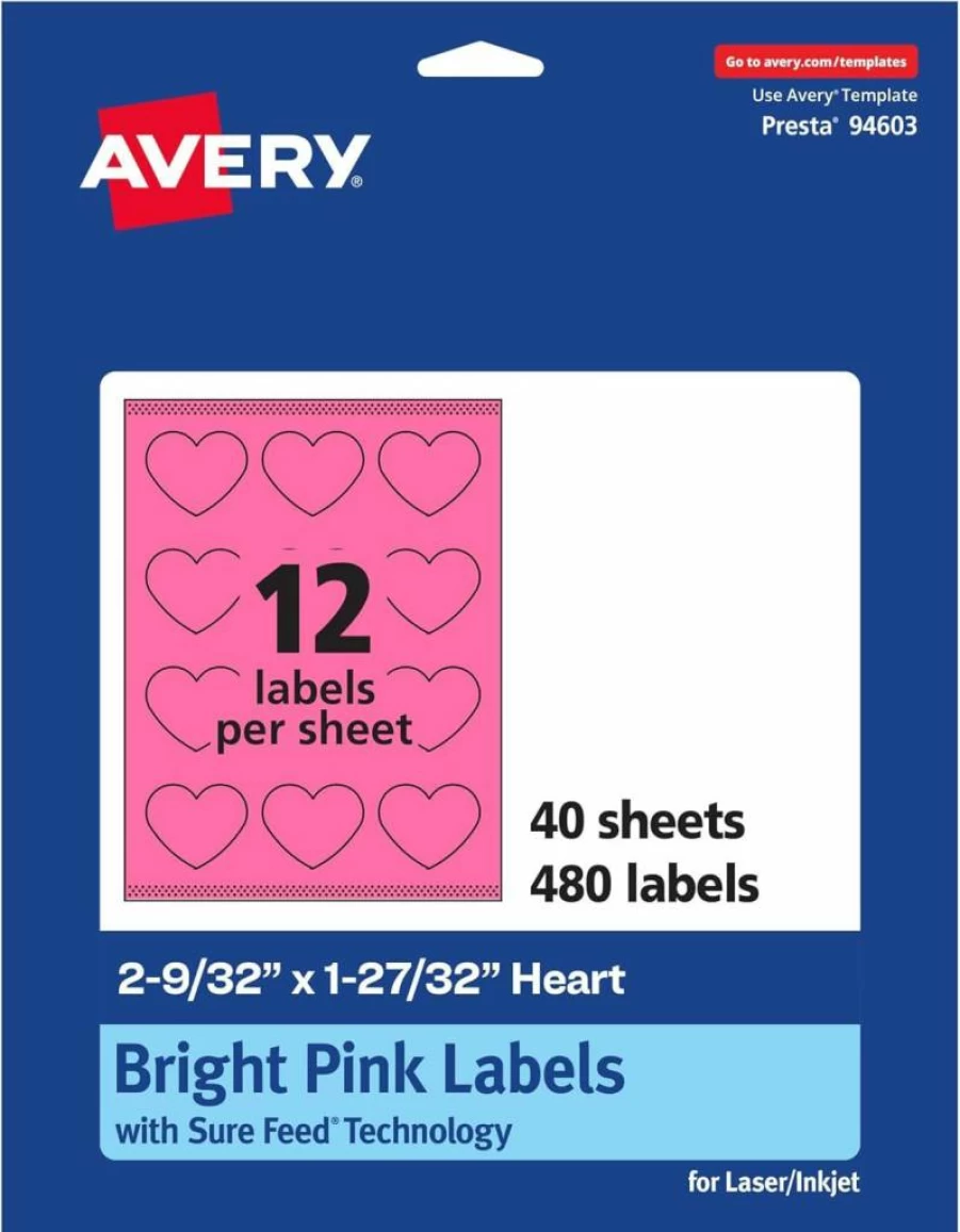 AVERY Bright Pink Printable Heart Labels - 2-9/32" X 1-27/32", Sure Feed Technology, 240 Pack for Mailing Seals, Packaging, Laser/Inkjet Compatible, Print-To-The-Edge Design