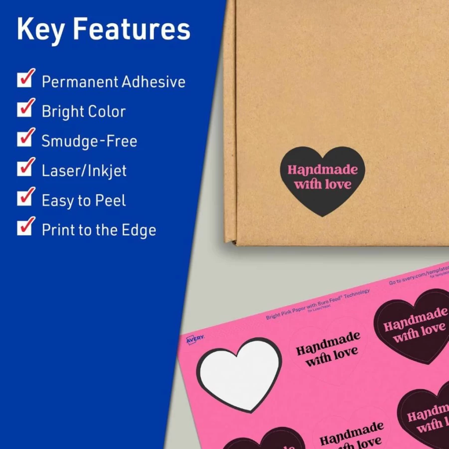 AVERY Bright Pink Printable Heart Labels - 2-9/32" X 1-27/32", Sure Feed Technology, 240 Pack for Mailing Seals, Packaging, Laser/Inkjet Compatible, Print-To-The-Edge Design