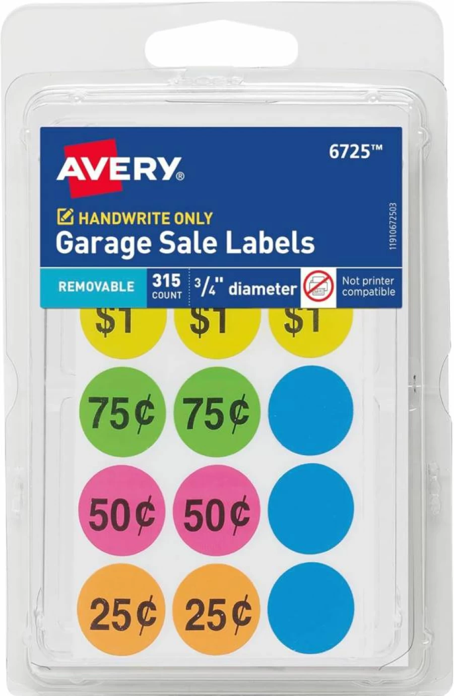 Avery 6725 Removable Color Coding Labels, 3/4" Round Dot Stickers, 315-Pack, Assorted Colors, Non-Printable, Garage Sale & Pricing Stickers