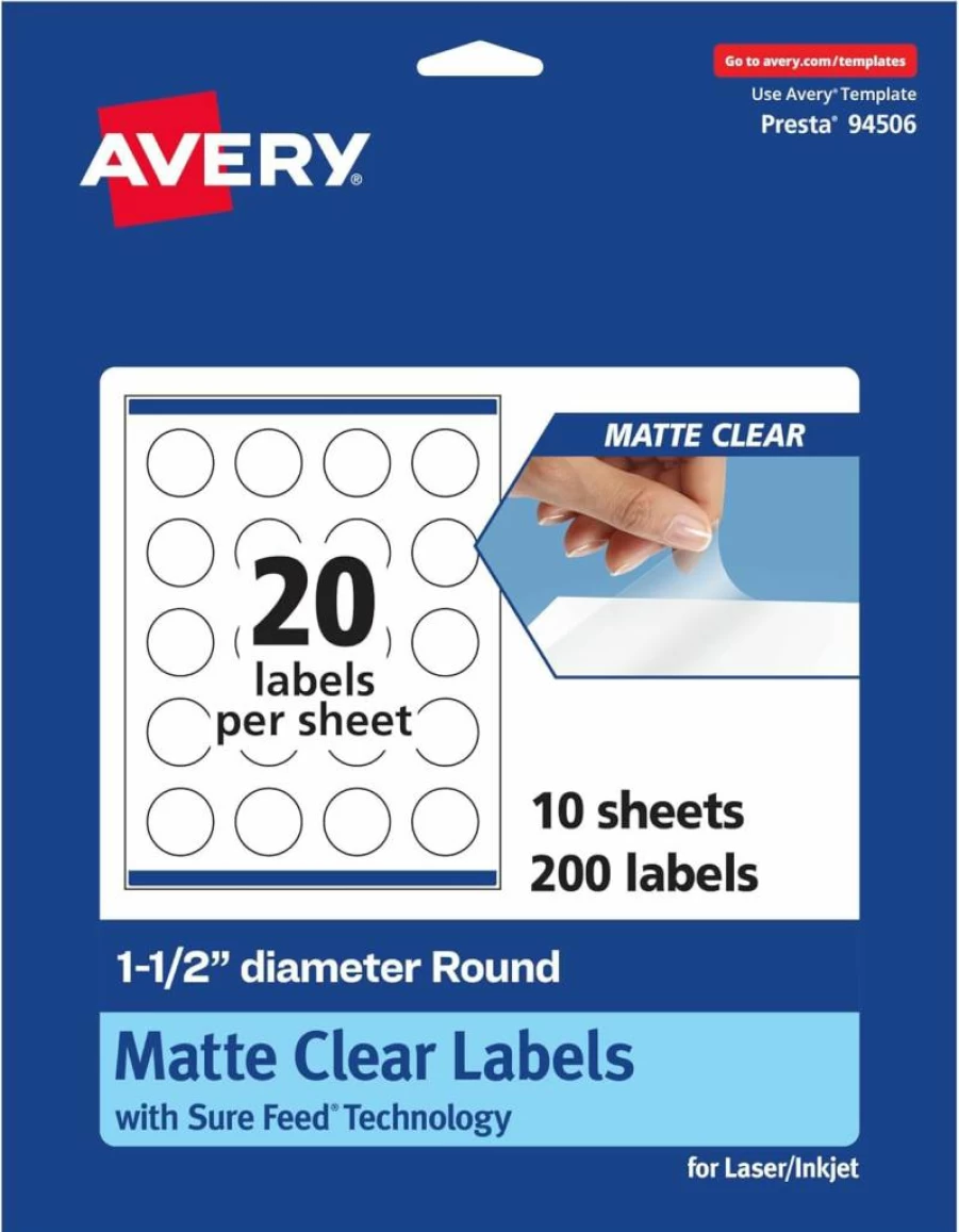 Avery Matte Clear Round Labels 1.5" - 200 Pack, Sure Feed Technology, Print-To-The-Edge, Laser/Inkjet Printable, Waterproof Matte Finish