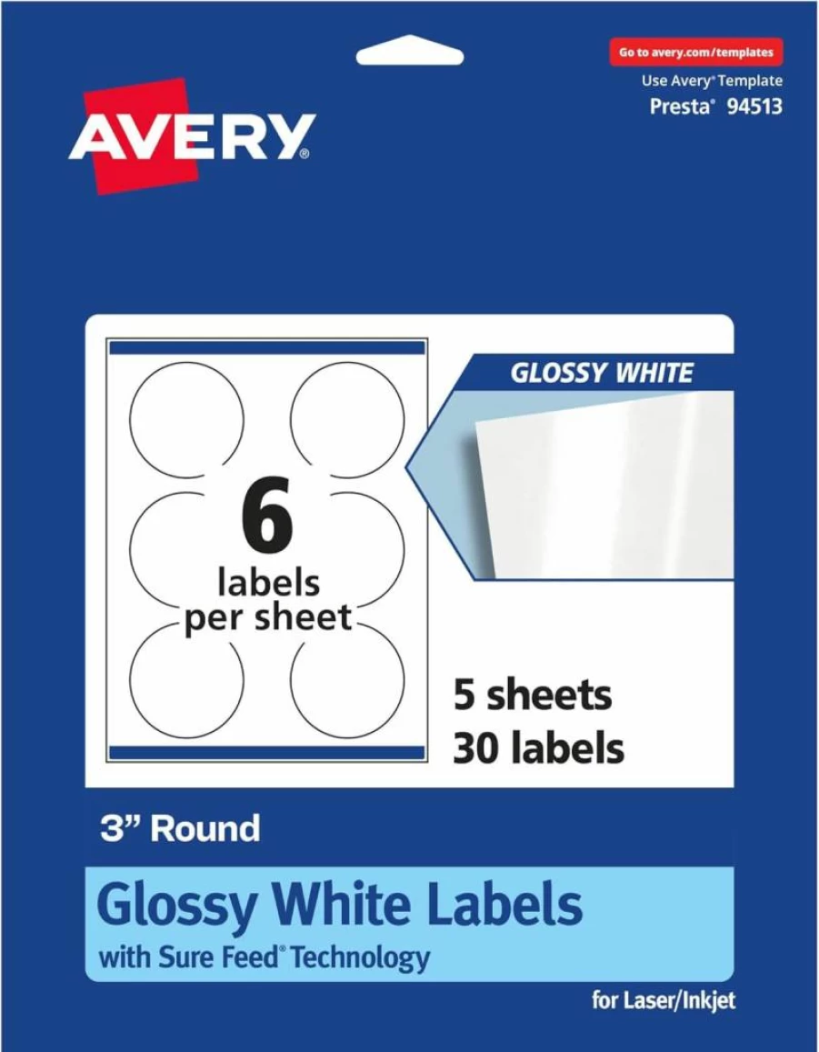 Avery 36500 Round Glossy White Labels, 3" Diameter, 60-Pack, Sure Feed Technology for Laser/Inkjet Printers