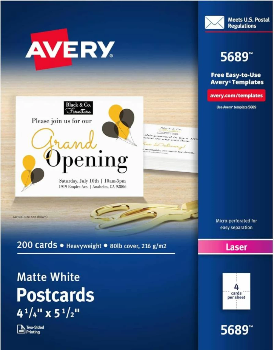 Avery 5689 Printable Blank Postcards, 4.25" x 5.5" White Cardstock, 200 Sheets for Laser Printers